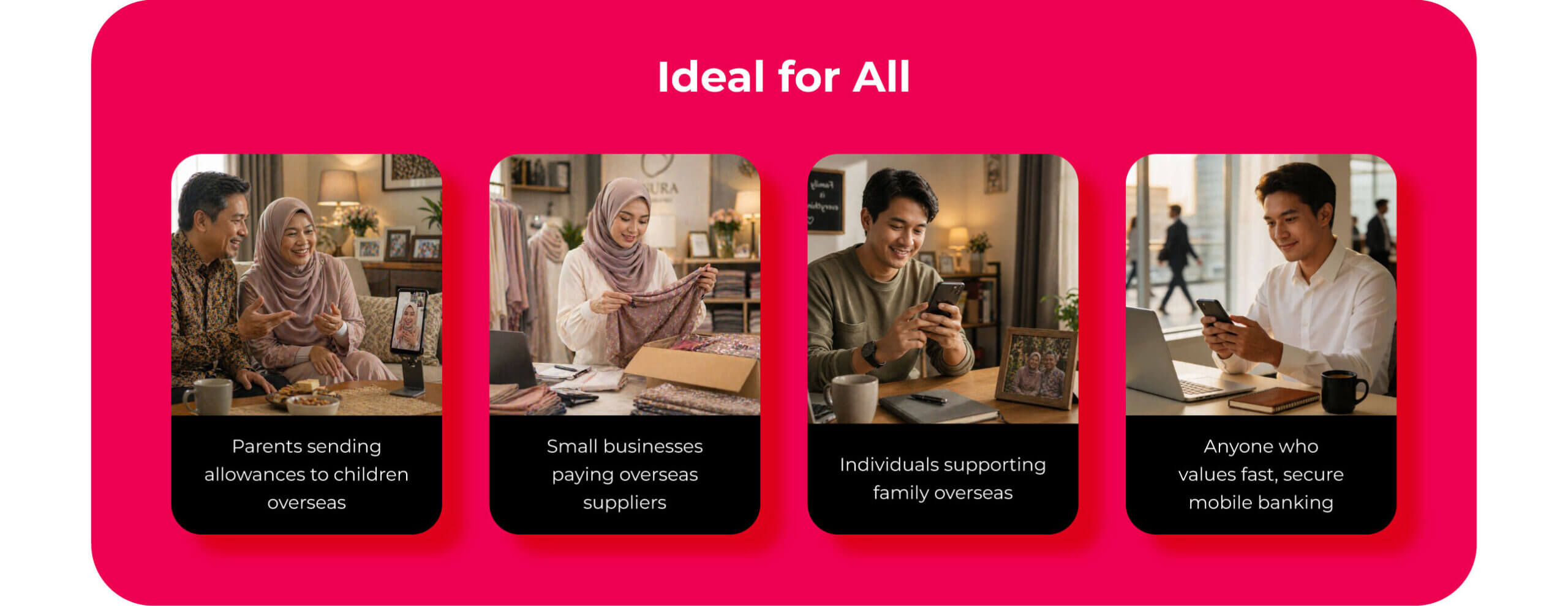 Banner with the heading “Ideal for All” showing four panels: a family video calling a child on a phone, a small business owner packing and reviewing clothing products, an individual using a mobile phone beside a framed photo, and another person using a phone at a desk with a laptop. Captions read: “Parents sending allowances to children overseas,” “Small businesses paying overseas suppliers,” “Individuals supporting family overseas,” and “Anyone who values fast, secure mobile banking.”